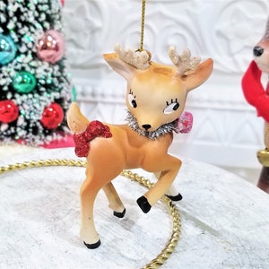 Vintage Style Kitsch Reindeer Christmas Ornament Pink Bell Tinsel Collar