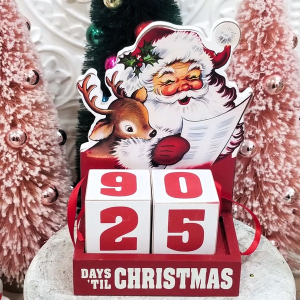 Cute Santa & Deer Wooden Christmas Countdown Advent - Blocks Retro