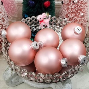 6 Light Pink Satin Glass Christmas Ornament Balls Pastel Shabby Bakery