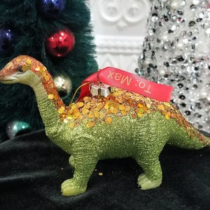 Blown Glass Brontosaurus Dinosaur Glittered Christmas Ornament - Personalized Gift
