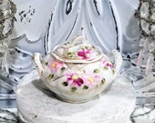 Nippon Antique Hand Painted Pink Flowers Basket Weave Lidded Jar Moriage