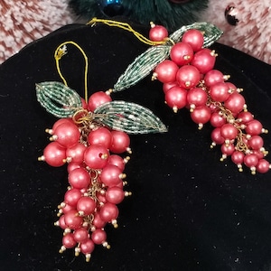 Red Beaded Dangle Grapes Christmas Ornaments - Fully Beaded
