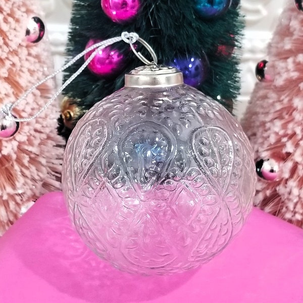 Clear Paisley Flower Textured Glass Kugel Christmas Ornament Ball 4" Vintage Style