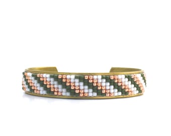 Hand Beaded Cuff Bracelet, Seed Bead Loom Bracelet, Adjustable Bracelet, Olive Green, Rose Gold, and White Stripes, Boho Cuff, Tribal Style