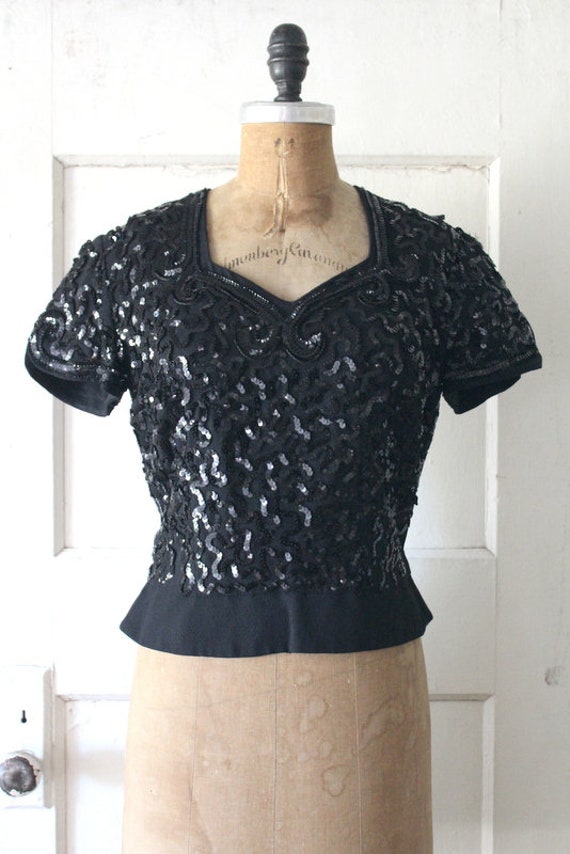 Vintage 1940s Black Sequined Blouse / 40s Black R… - image 2