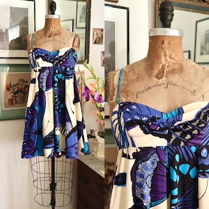Vintage Y2K Betsey Johnson Butterfly Dress / 2000s Indigo Butterfly Babydoll Dress / Monarch Dress