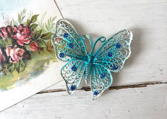 Vintage 1960s Large Blue Butterfly Brooch / 1950s… - image 1