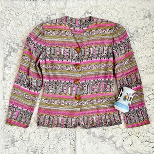 Vintage 1940s Neon Print Silk Blouse / 40s Technicolor Novelty Print Silk Top with Celluloid Buttons / Technicolor Dream Blouse