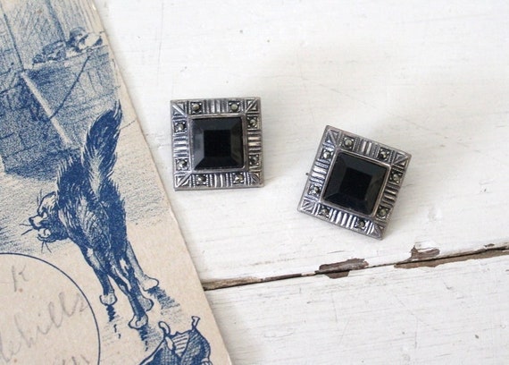 Vintage 1950s Marcasite and Black Square Earrings… - image 1