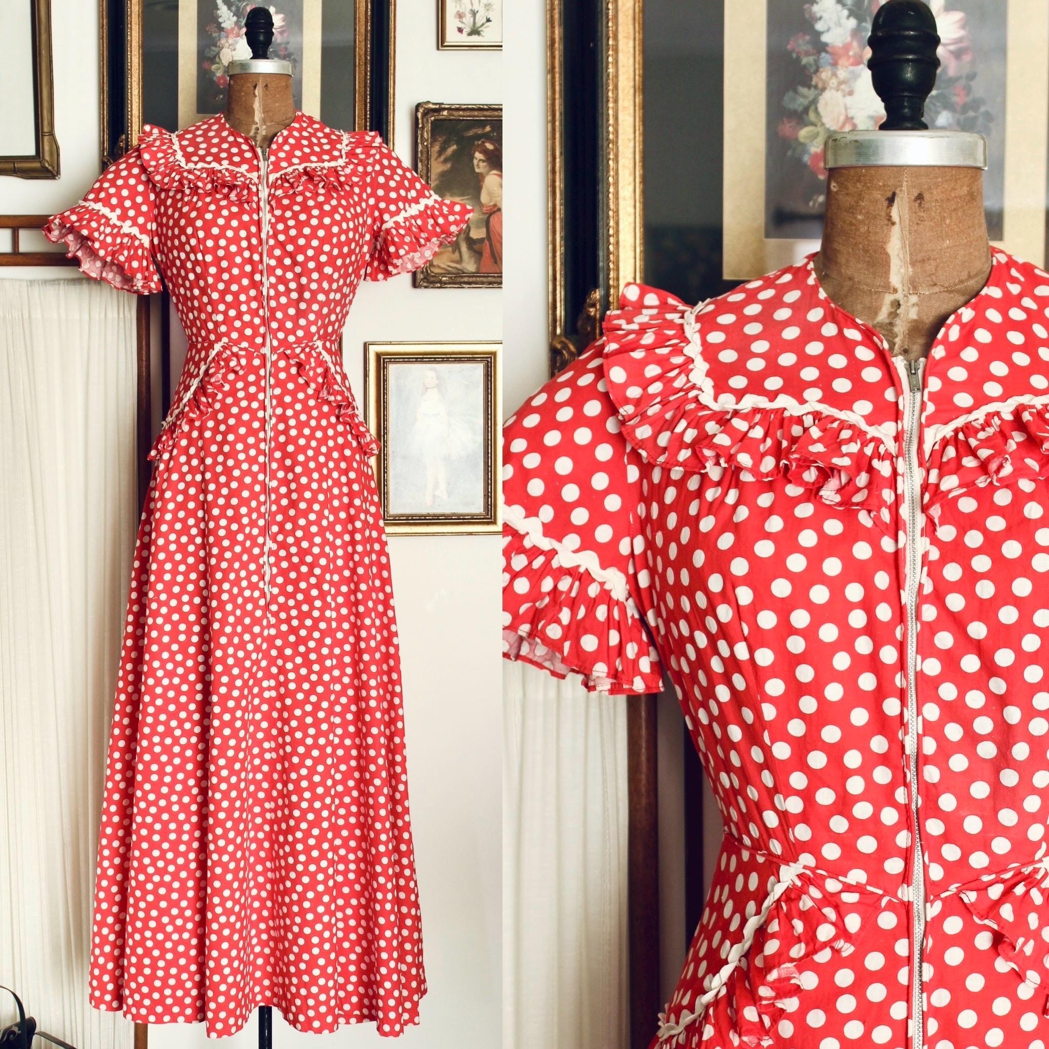 Vintage 1940s Red and White Polka Dot Dress / AS IS 40s Cotton