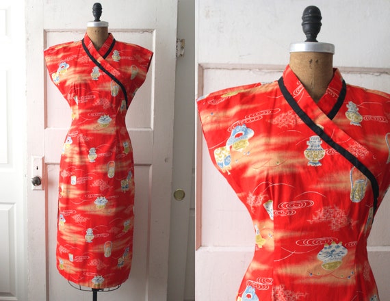 Vintage 1950s Red Cotton Cheongsam Style Dress / 5