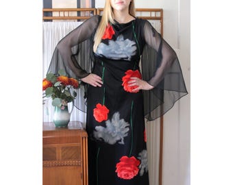Vintage 1970s Roses & Clouds Maxi Dress / 70s Black Maxi Dress with Angel Sleeves / Falling Roses Dress