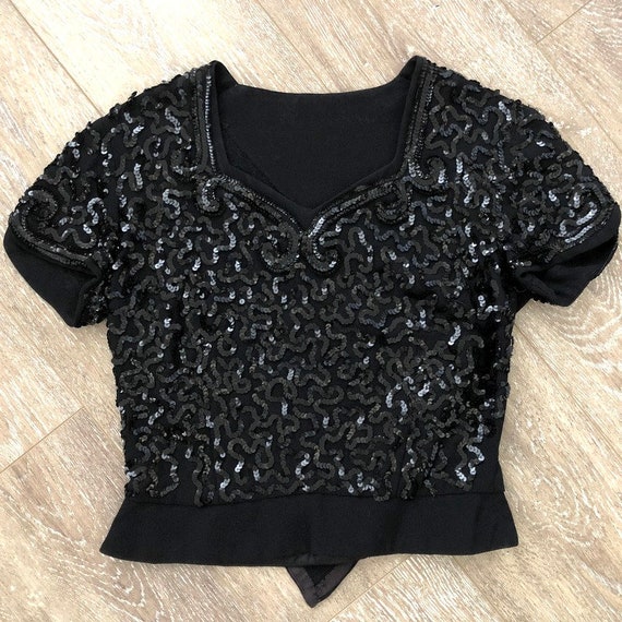 Vintage 1940s Black Sequined Blouse / 40s Black R… - image 9