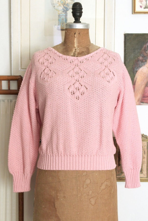 Vintage 1980s Pink Knit Sweater / 80s Baby Pink A… - image 2