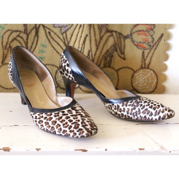 RESERVED // Vintage 1960s Leopard Print Pumps / 60s Leather & Fur Heels / Danny Simmons Heels