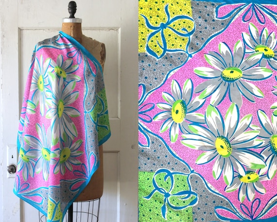 Vintage 1940s Neon Floral Silk Scarf / 40s Large … - image 1