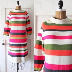 Vintage 1960s Striped Wool Knit Dress / 60s Colorful Striped Knit Shift Dress / Fruit Stripe Dress