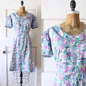 Vintage 1950s Watercolor Floral Dress / 50s Volup Floral Print Cotton Dress / Impressionism Dress
