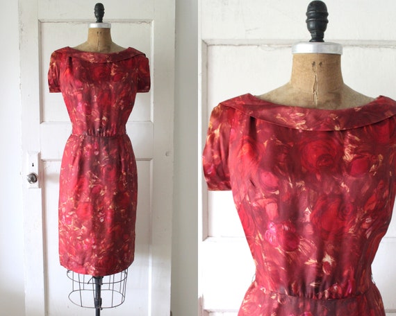 Vintage 1950s Red Floral Print Dress / 50s Abstra… - image 1