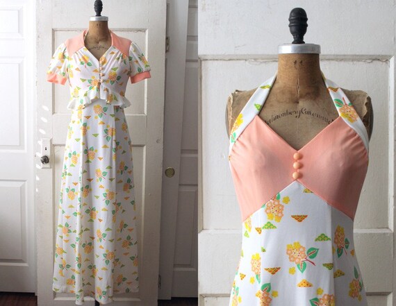 Vintage 1970s Floral Print Maxi Dress and Bolero /