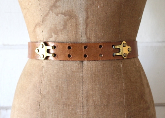 Vintage 1950s Tan Leather Belt with Brass Hooks /