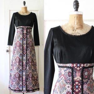Vintage 1970s Renaissance Revival Maxi Dress / AS IS 70s Black and Paisley Tapestry Dress / Renaissance Dress