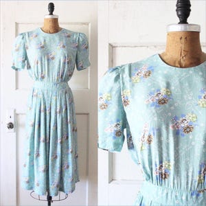 Vintage 1980s Cursive & Flowers Novelty Print Dress / 1940s Style Mint Green Rayon Dress / Love Notes Dress