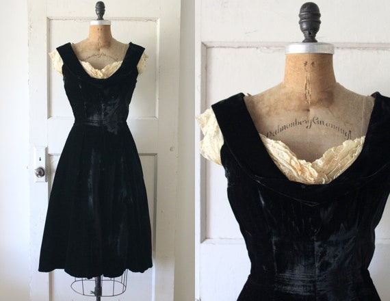 Vintage 1950s Black Velvet Evening Dress / 50s Vel