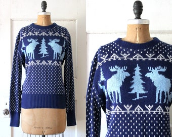 Vintage 1960s Moose Sweater / 60s Acrylic Intarsia Knit Sweater / Amana Fine Woolens Sweater