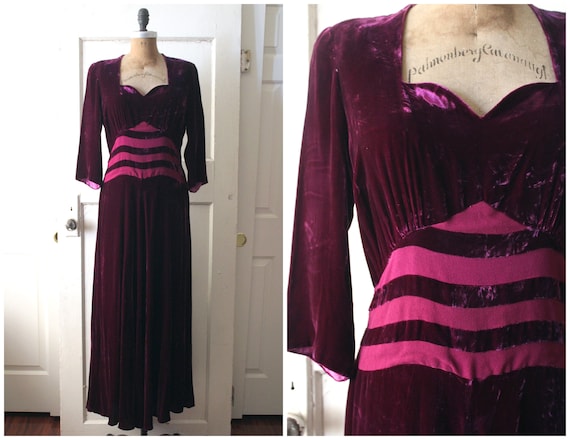 Vintage 1940s Magenta Velvet Gown / 40s Velvet & R