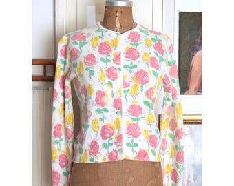 Vintage 1950s Floral Print Cardigan / 50s Pastel Flower Sweater / Flower Study Cardigan