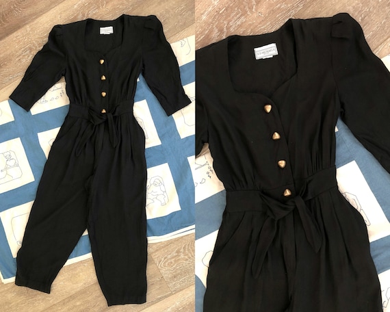 Vintage 1990s Black Rayon Jumpsuit with Gold Butto