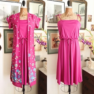 Vintage 1970s Fuschia Dress and Duster Set / 70s Sun Dress with Floral Duster Jacket / Lillian Dress