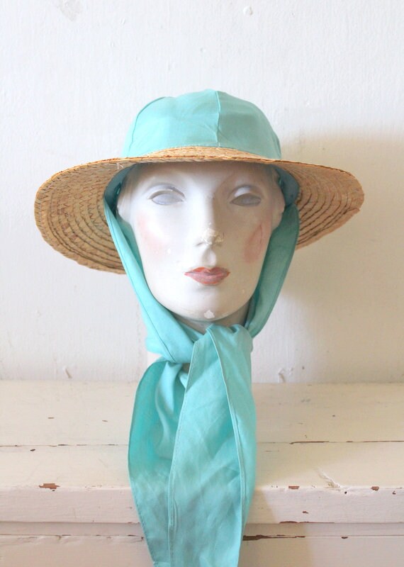 Vintage 1960s Turquoise Fabric & Straw Hat / 1950… - image 2