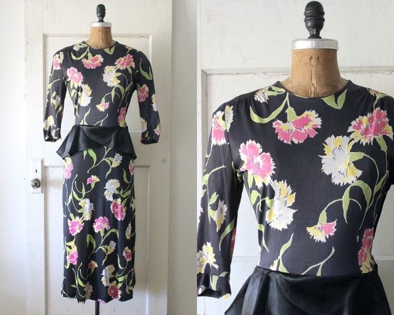 Vintage 1940s Floral Rayon Jersey Dress 40s Neon Floral Print