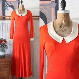 Vintage 1970s Orange Maxi Dress / 70s Rayon Jersey Knit Maxi Dress with Chelsea Collar / Velma Dress