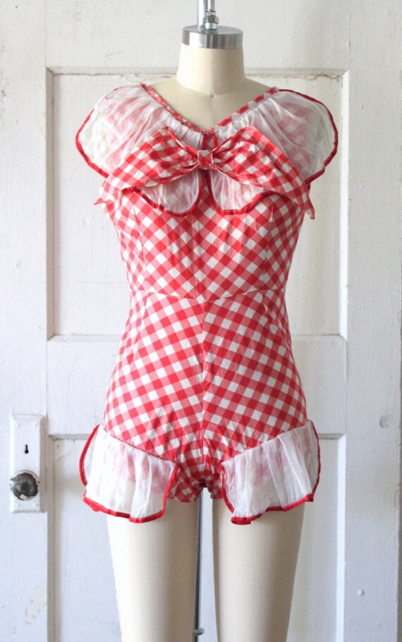 Vintage 1930s Red & White Gingham Playsuit / 30s … - image 2