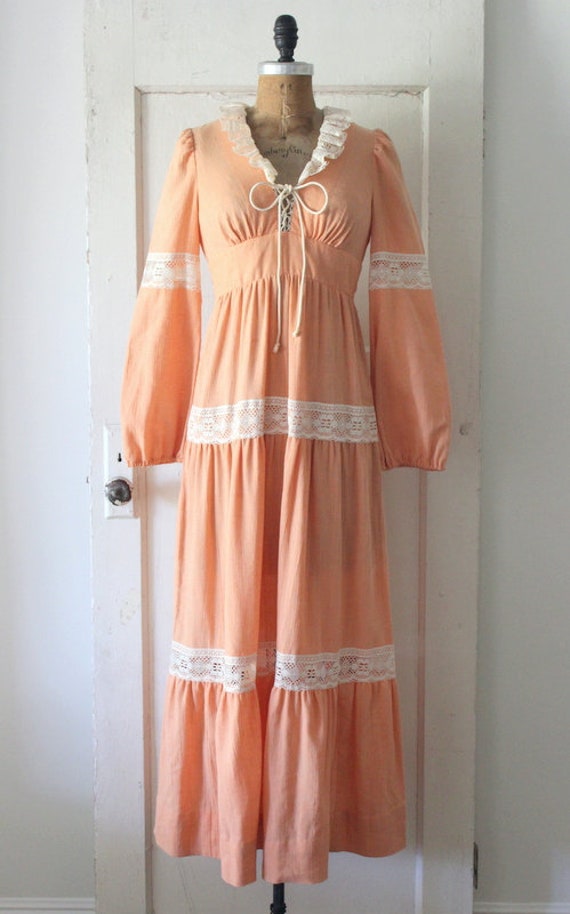 Vintage 1970s Gunne Sax Style Dress / 70s Peach C… - image 2