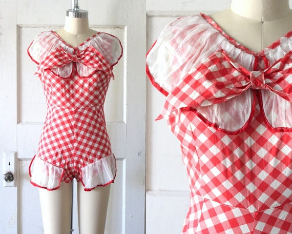 Vintage 1930s Red & White Gingham Playsuit / 30s … - image 1
