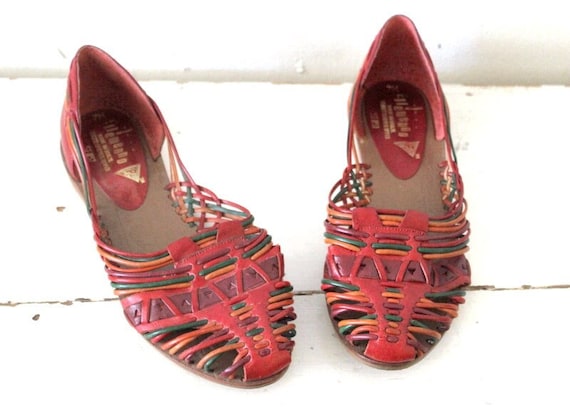 Vintage 1980s Colorful Leather Huaraches / 80s Mu… - image 1