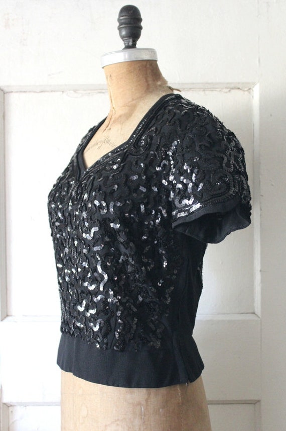 Vintage 1940s Black Sequined Blouse / 40s Black R… - image 5