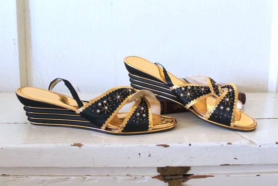 Vintage 1950s Black Satin and Gold Slippers / 1930
