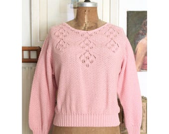 Vintage 1980s Pink Knit Sweater / 80s Acrylic Pullover Sweater with Lace Texture / Pretty in Pink Sweater