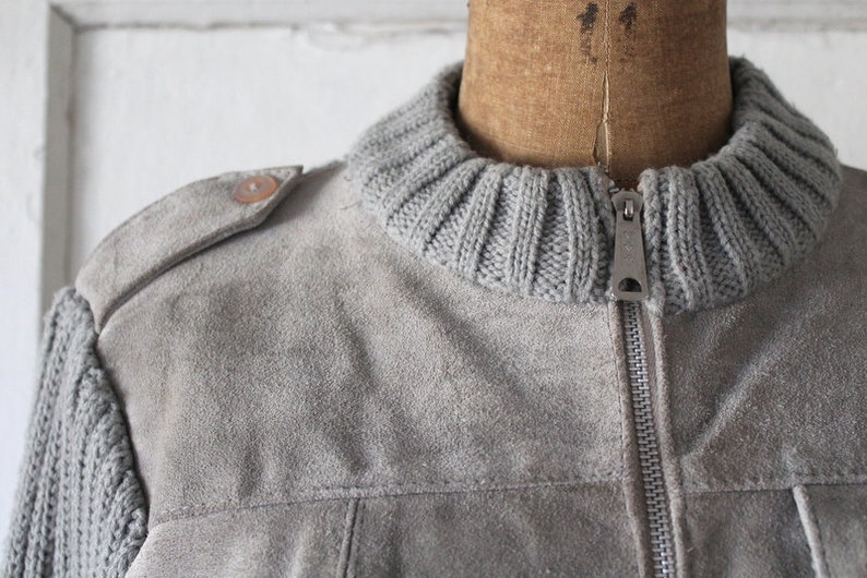 Vintage 1970s Grey Suede and Knit Sweater Jacket 1940s Style Sportswear Jacket Allison Jacket