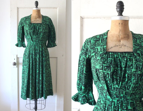 Vintage 1940s Green and Black Rayon Dress / Late … - image 1
