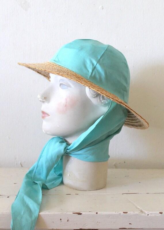 Vintage 1960s Turquoise Fabric & Straw Hat / 1950… - image 3