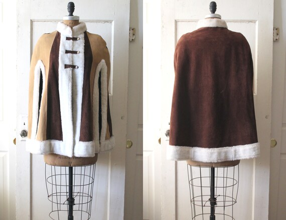 Vintage 1960s Tan Suede Cape / 60s Faux Shearling