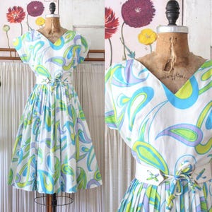 Vintage 1960s Neon Paisley Print Dress / Early 60s Colorful Nylon Dress with Belt / Lucinda Dress