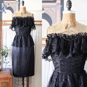 Vintage 1980s Black Lace Party Dress / 80s Floral Lace and Satin Sleeveless Dress / Labyrinth Dress