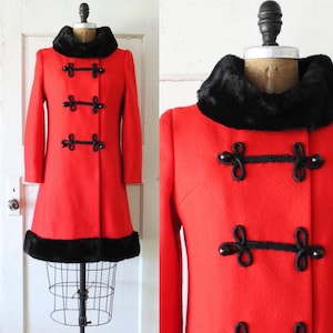 Vintage 1960s Red Pea Coat with Black Plush Trim / 60s Red Coat with Toggle Closures / Ruby Coat